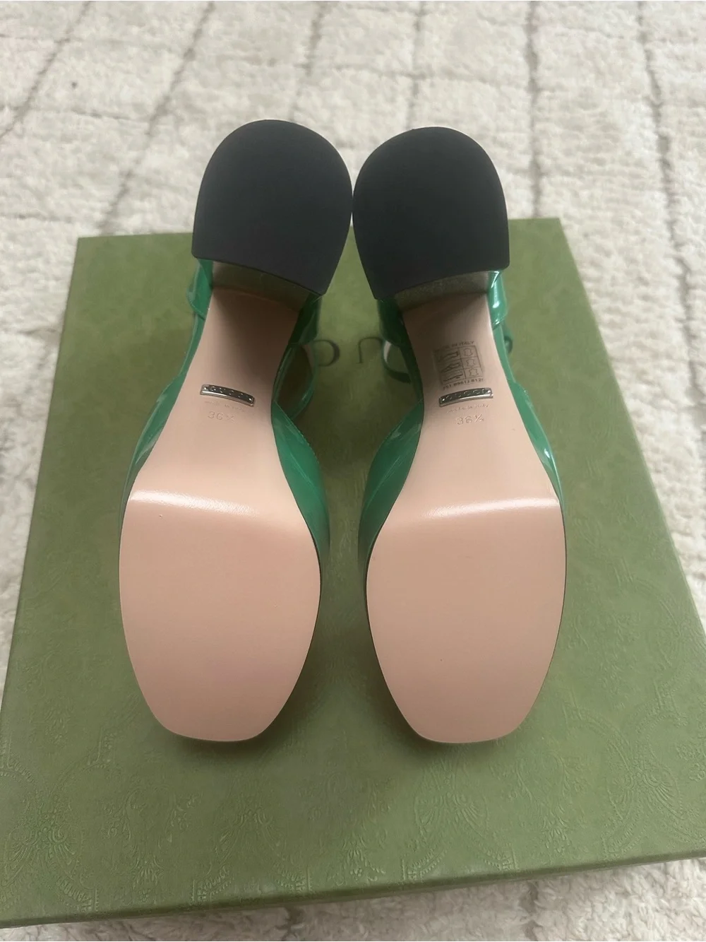 Gucci Glossy Emerald Green Patent Platform Pumps with Crystal GG Buckle